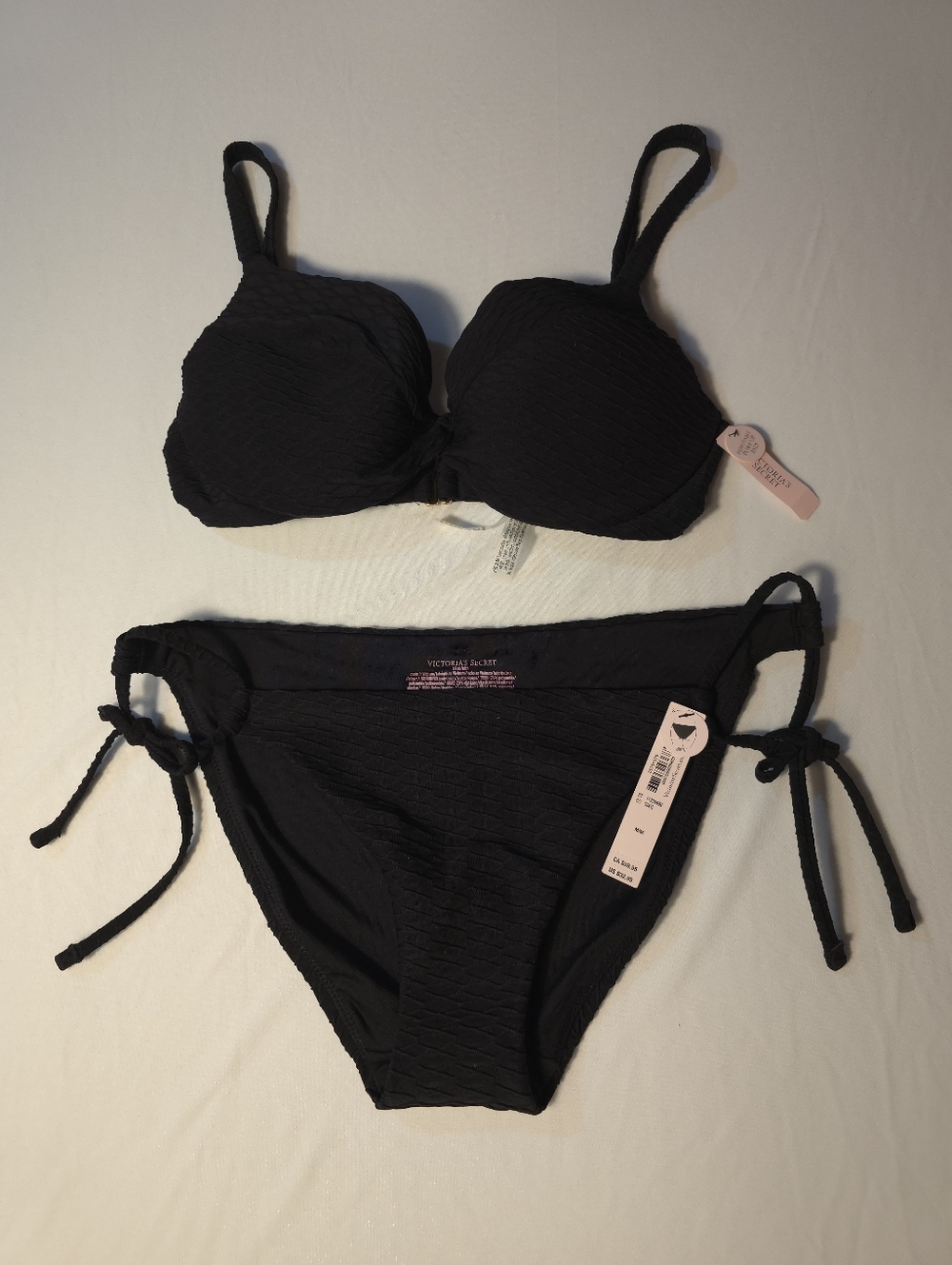 Victoria's Secret Swim Bombshell +2 cups Push-Up Side Tie Bikini Textured Black